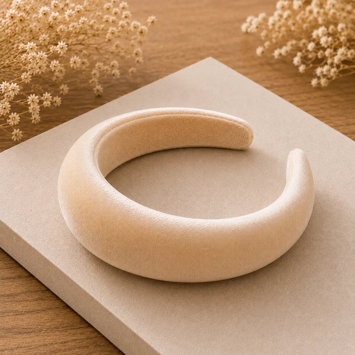 A wide, open-front headband in a soft beige suede-like fabric, displayed on a neutral beige square card over a wooden surface with dried flowers in the corners.