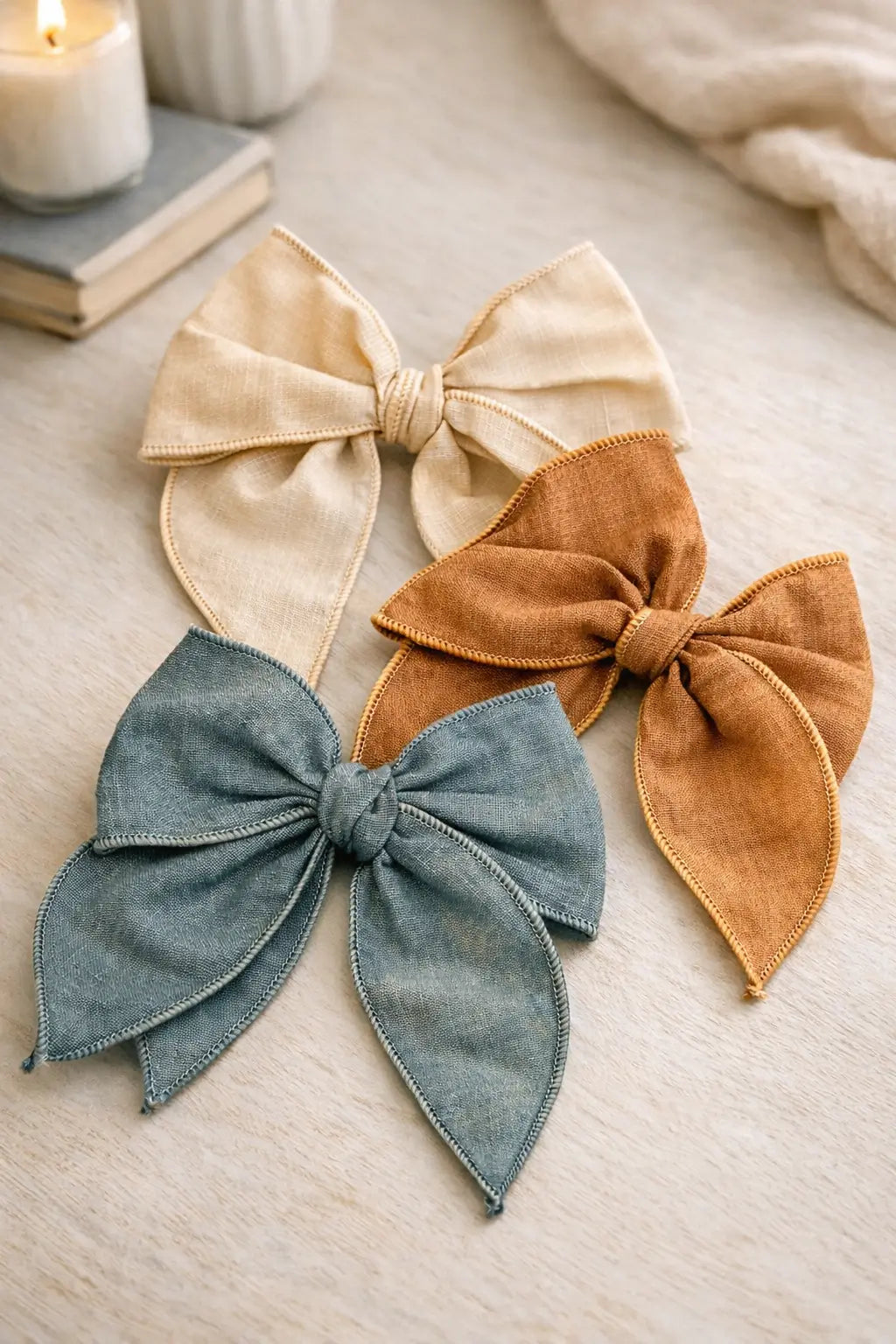 Three fabric hair bows in beige, rust brown, and dusty blue, arranged on a soft cream fabric background with a candle and books in the background.