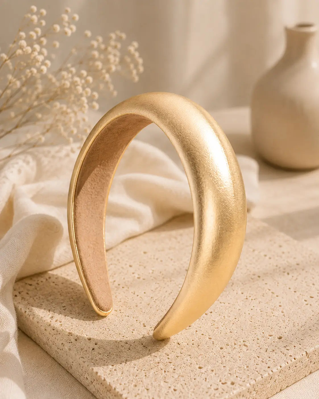 A wide, curved gold headband with a matte metallic finish, displayed on a textured beige stone slab with draped cream fabric and dried flowers in the background.