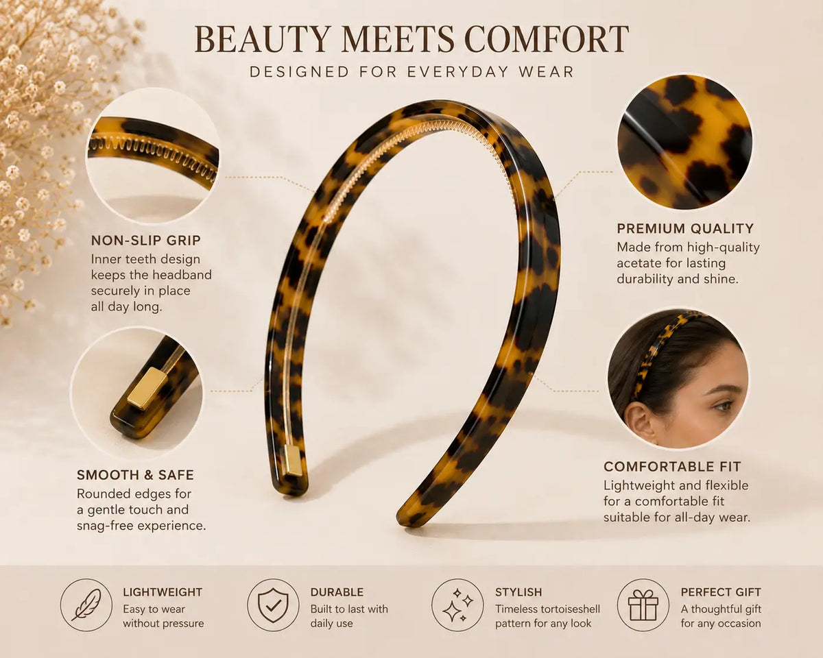 A tortoiseshell headband displayed on a beige background with marketing text and feature callouts. The image includes close-up inset circles showing the inner non-slip grip and the smooth, rounded edge of the headband.