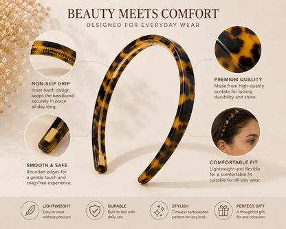 A tortoiseshell headband displayed on a beige background with marketing text and feature callouts. The image includes close-up inset circles showing the inner non-slip grip and the smooth, rounded edge of the headband.