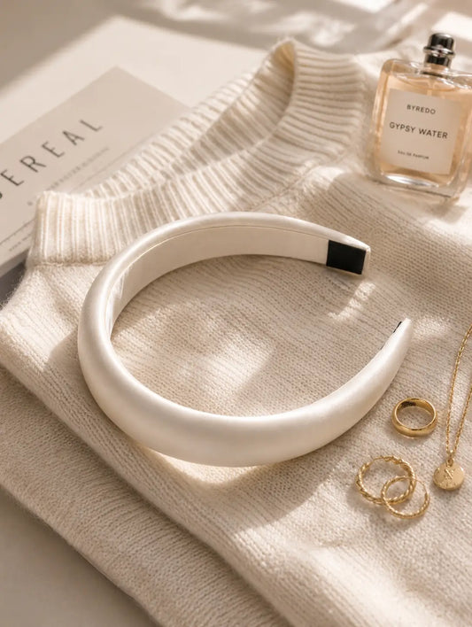 A wide, chunky white headband with a small black accent on the inner band, styled on a cream ribbed knit sweater with gold rings, a perfume bottle, and a book in a warm, sunlit flat-lay setting.